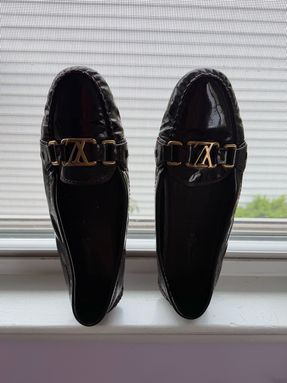 Louis Vuitton Dark Burgundy Patent Leather Loafers with Gold LV Hardware - Picture 2 of 3
